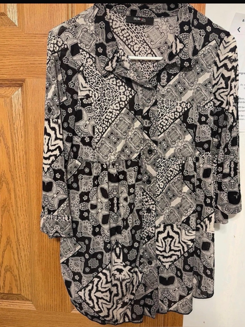 Style & Co. Black and White Patchwork Print Button-Down Shirt